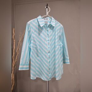 Chico's Aqua and White Striped Blouse Sz.2 (L)